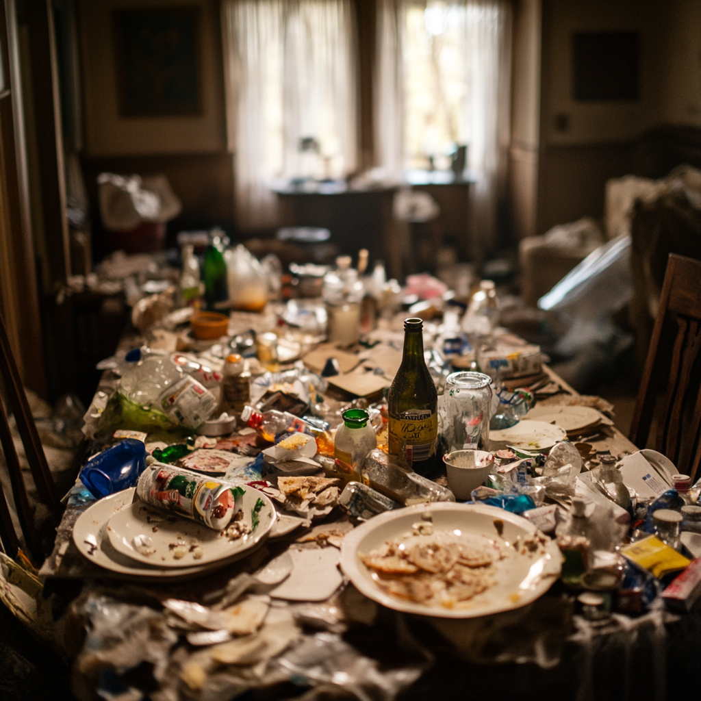 Une maison en désordre avec des bouteilles vides, des assiettes sales et des déchets éparpillés partout | Source : Midjourney