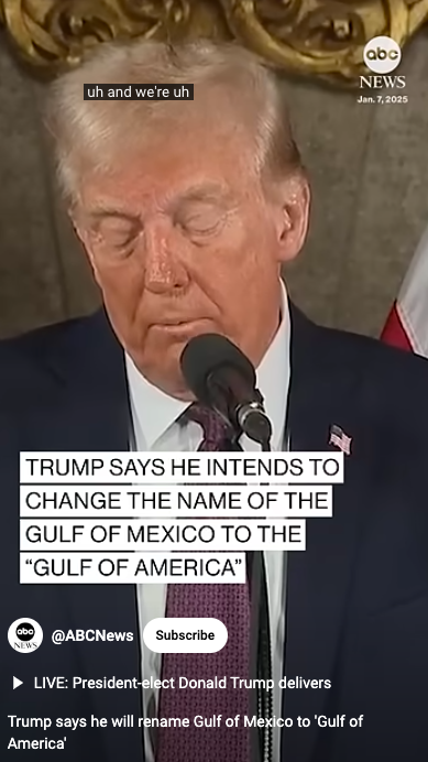 Donald Trump abordant le changement de nom du golfe du Mexique en golfe d'Amérique lors d'un point presse, posté le 7 janvier 2025. | Source : YouTube/ABCNews