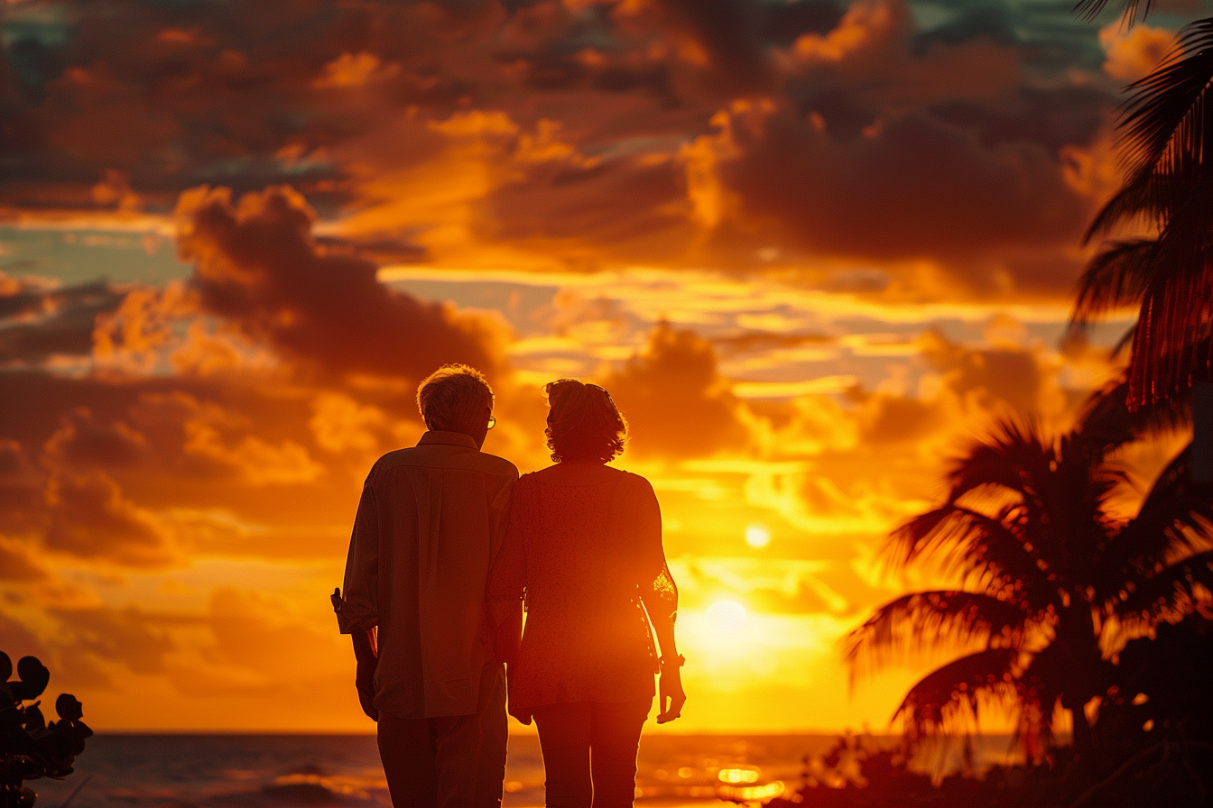 Silhouette d'un couple de personnes âgées qui regarde le coucher de soleil | Source : Midjourney