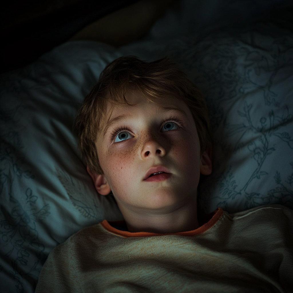 A young boy lying in his bed at night | Source: Midjourney