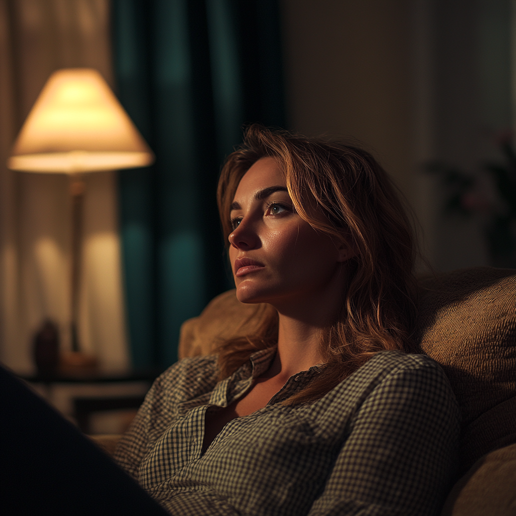 Une femme sérieuse assise dans son salon | Source : Midjourney