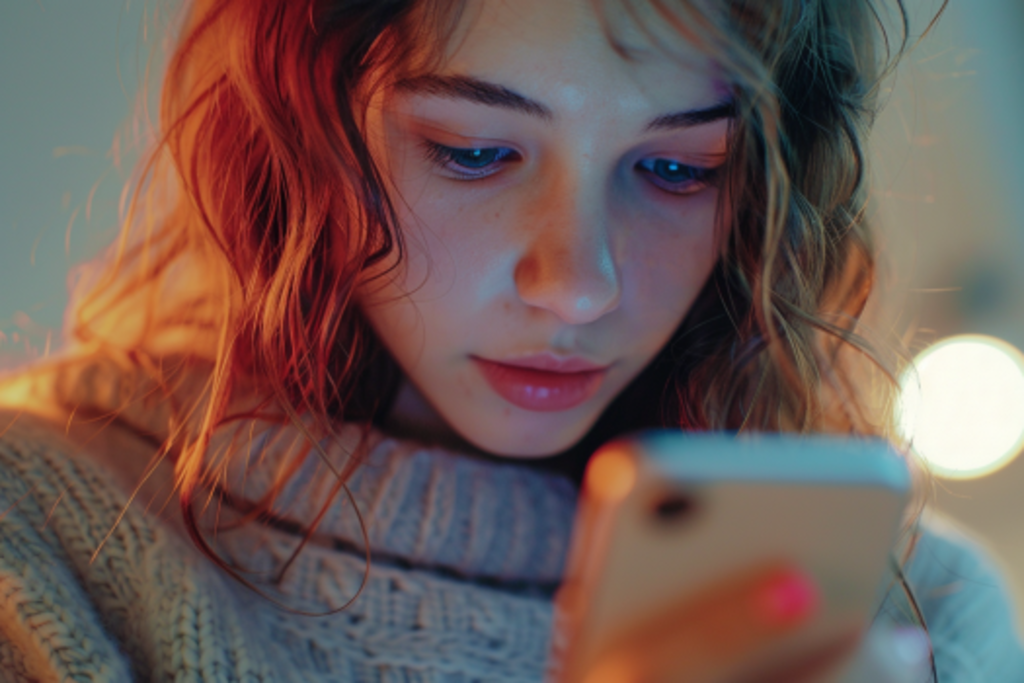 Une jeune femme lisant les textes sur son téléphone | Source : Midjourney