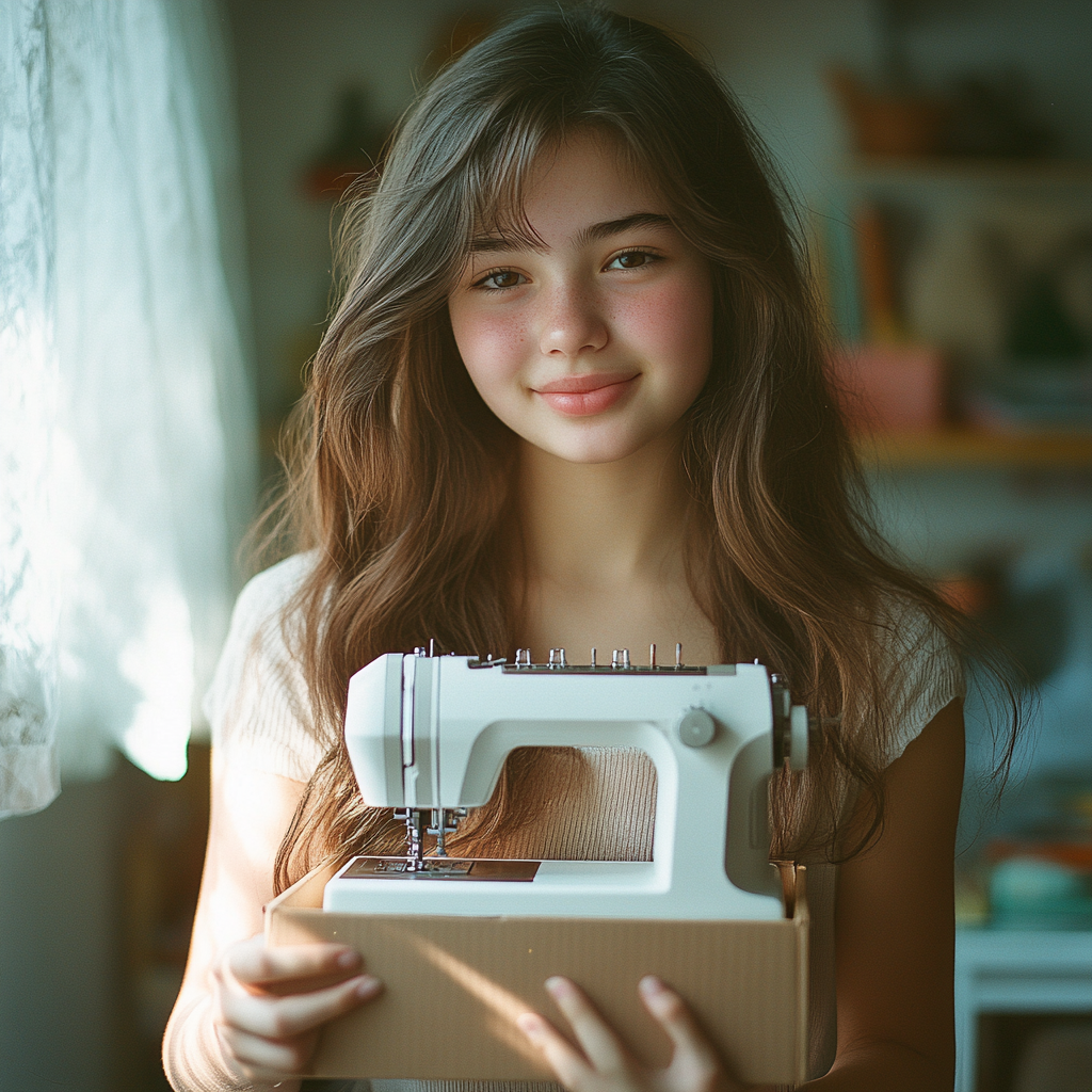 Une fille heureuse avec sa machine à coudre | Source : Midjourney