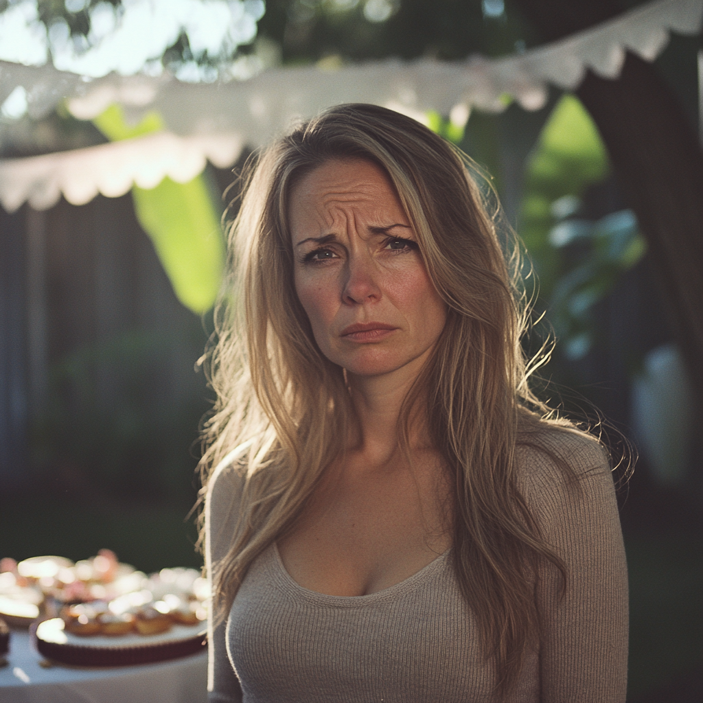 Une femme triste lors d'une fête dans l'arrière-cour | Source : Midjourney