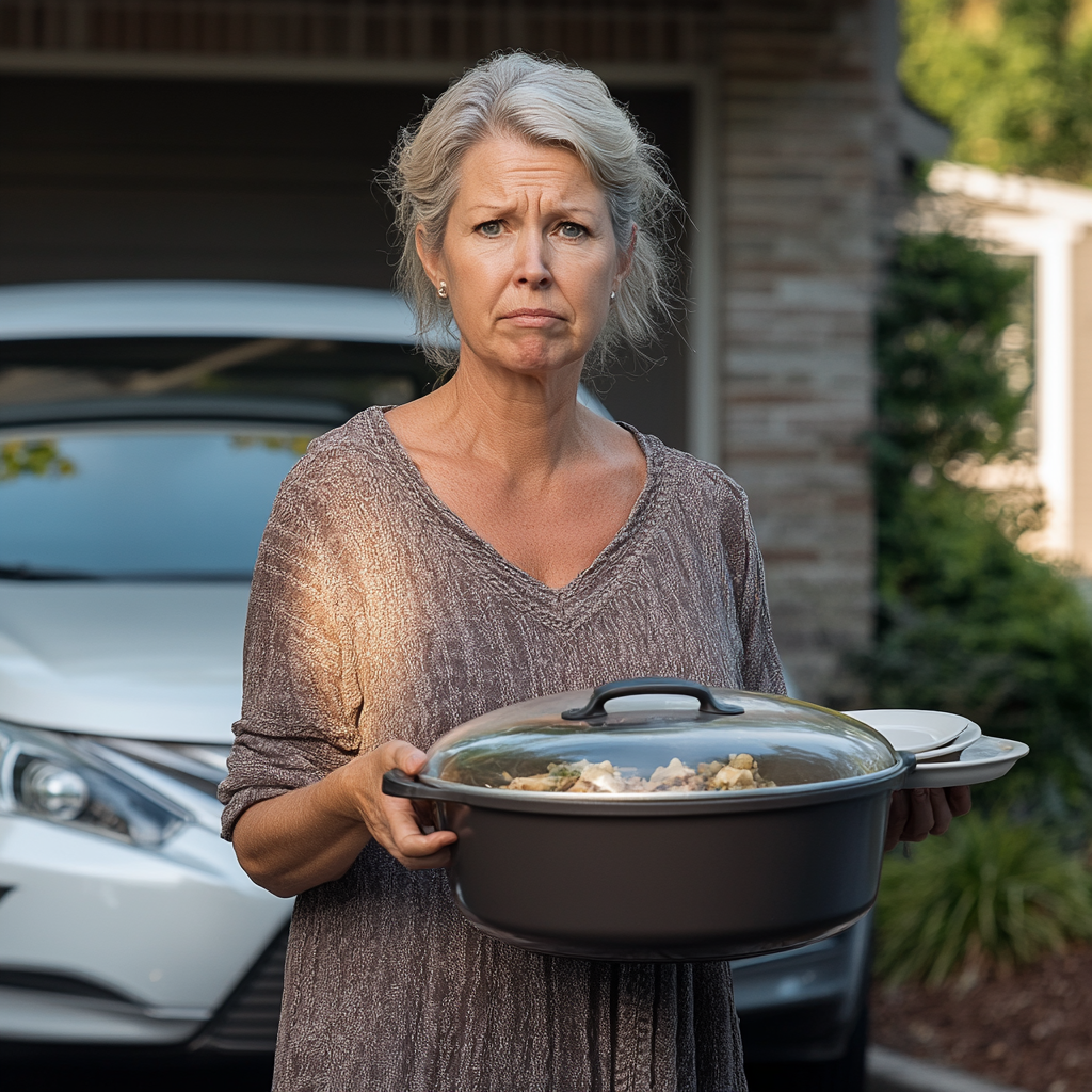 A middle-aged woman frowns while holding a pot in one hand and plates in the other | Source: Midjourney