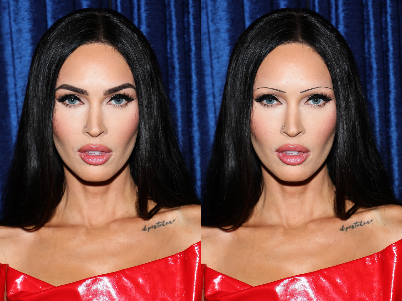 Les sourcils signature de Megan Fox en 2022 contre un look de sourcils fins édité numériquement | Source : Getty Images