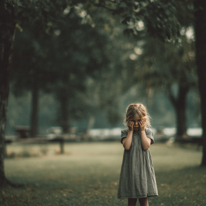 Une jeune fille qui pleure dans un parc | Source : Midjourney