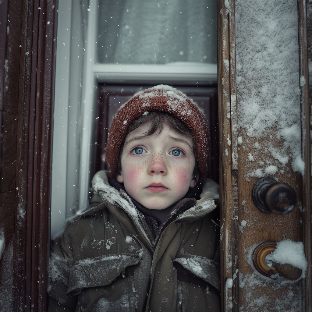 Un garçon triste près d'une porte | Source : Midjourney