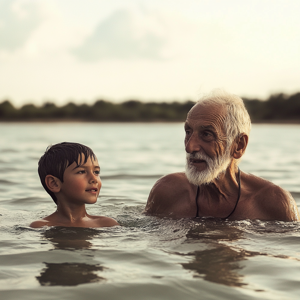 Un vieil homme et un jeune garçon qui se baignent | Source : Midjourney