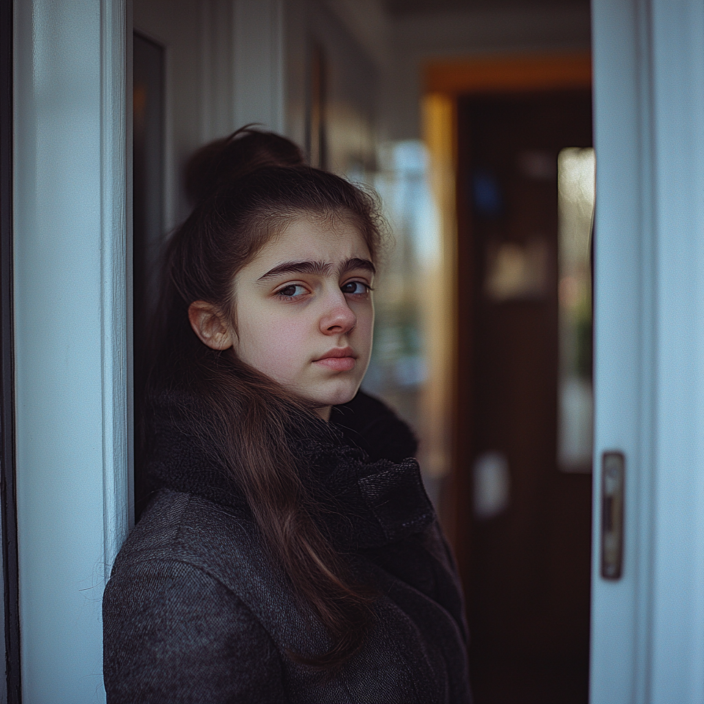 Une femme debout devant sa porte d'entrée | Source : Midjourney