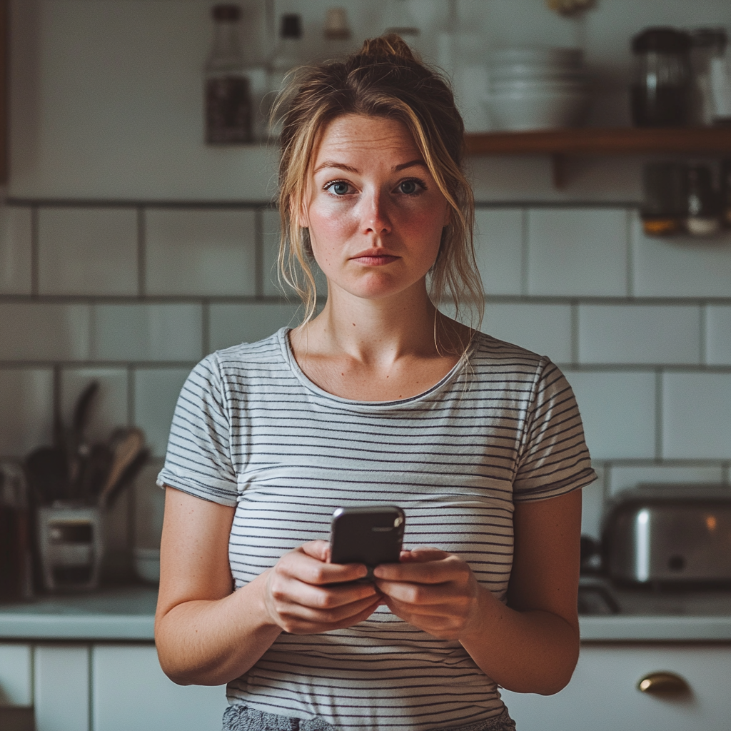 Une femme perplexe tenant son téléphone | Source : Midjourney