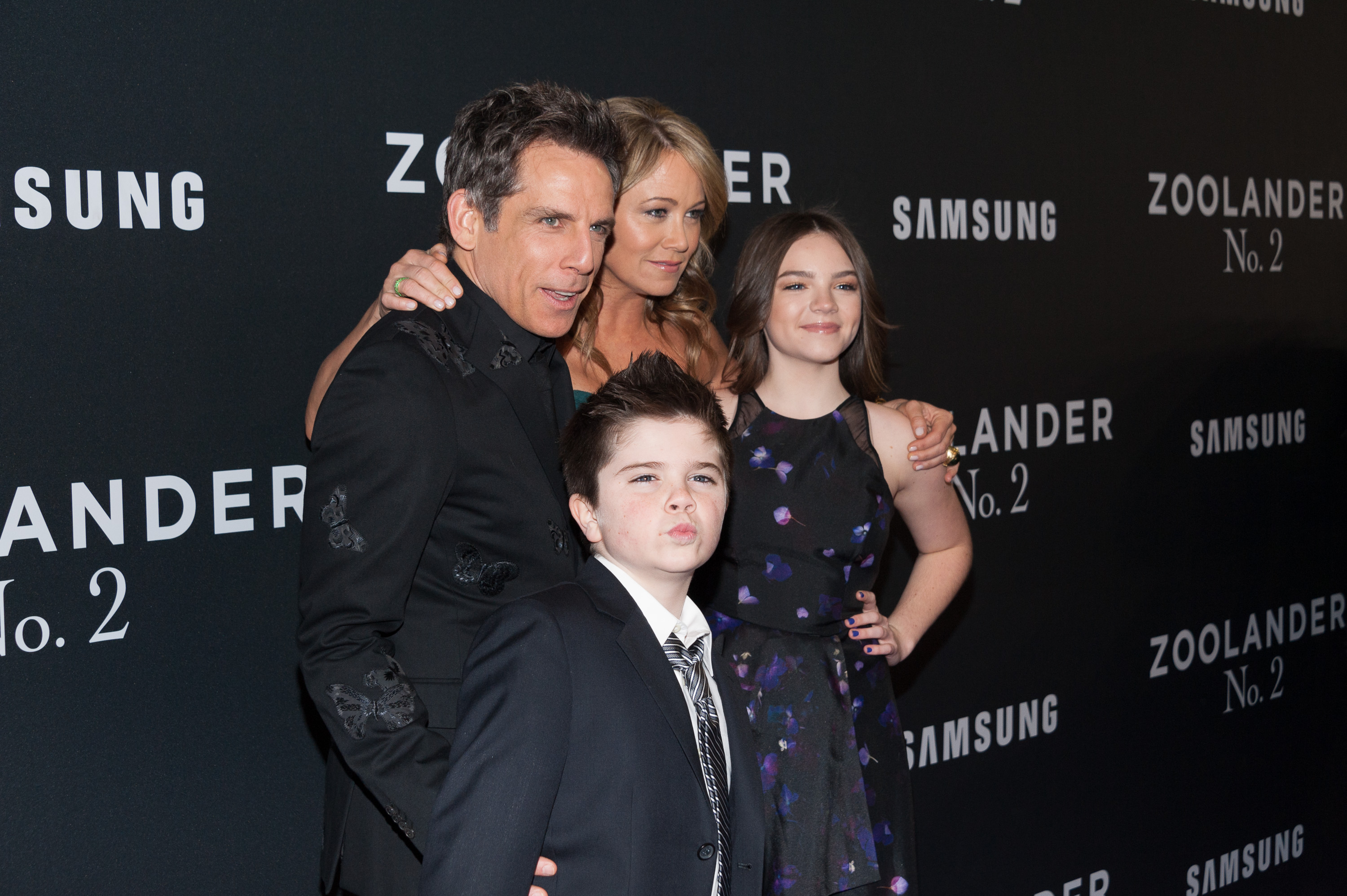 Ben Stiller, Christine Taylor, Quinlin Stiller et Ella Stiller à la première mondiale de "Zoolander 2" le 9 février 2016 à New York | Source : Getty Images