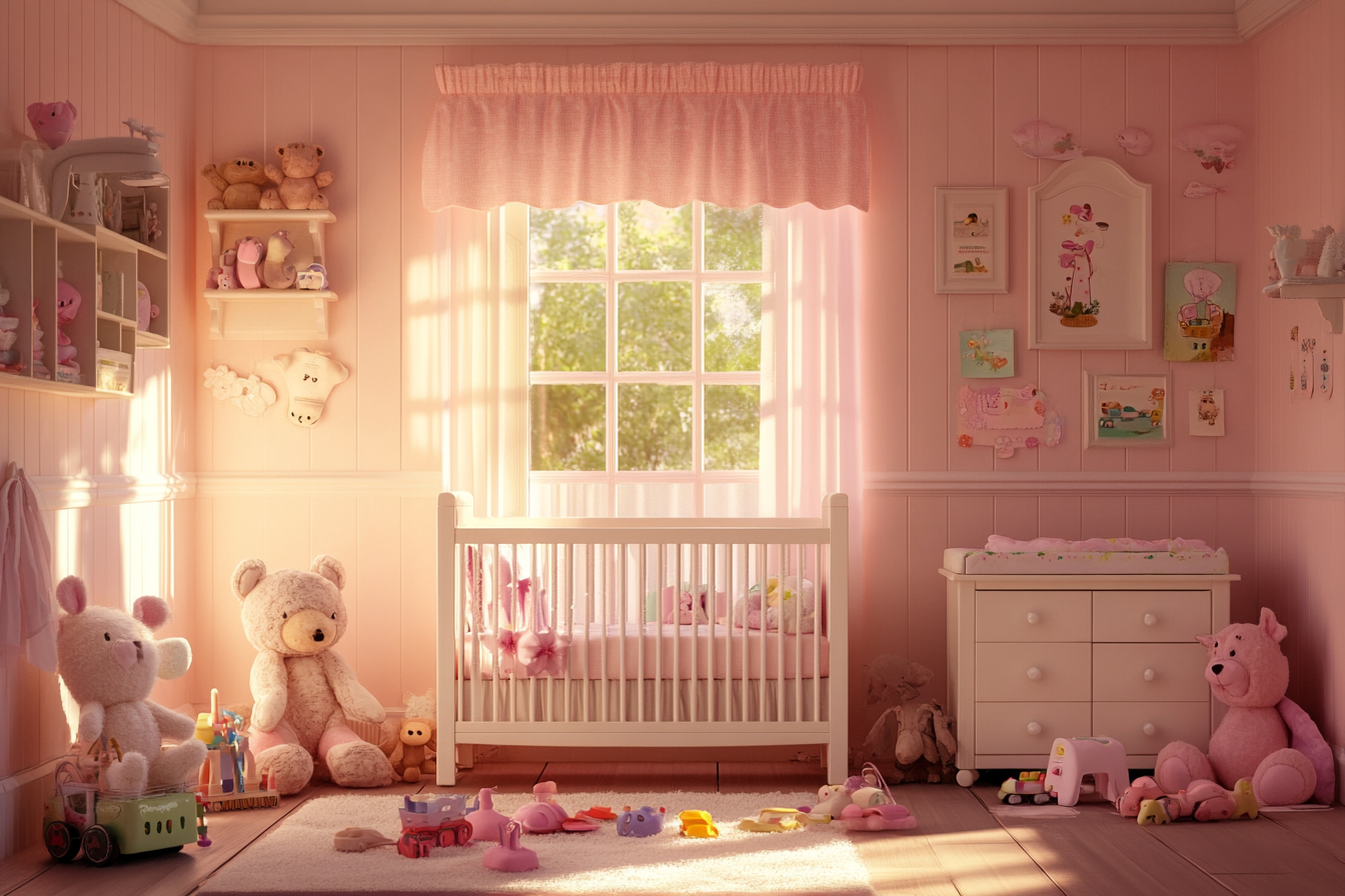 Une chambre d'enfant rose à couper le souffle avec des jouets et un berceau | Source : Midjourney