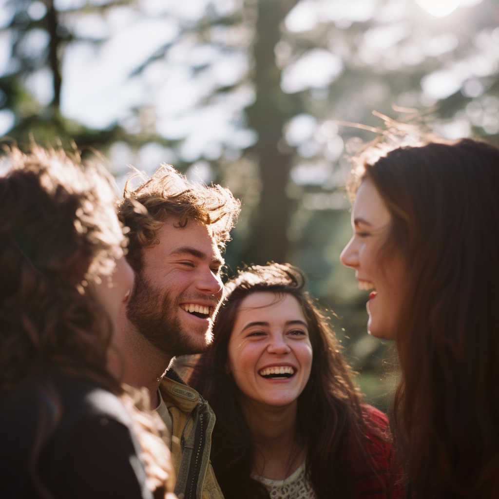 Un homme qui rit avec ses amies femmes | Source : Midjourney