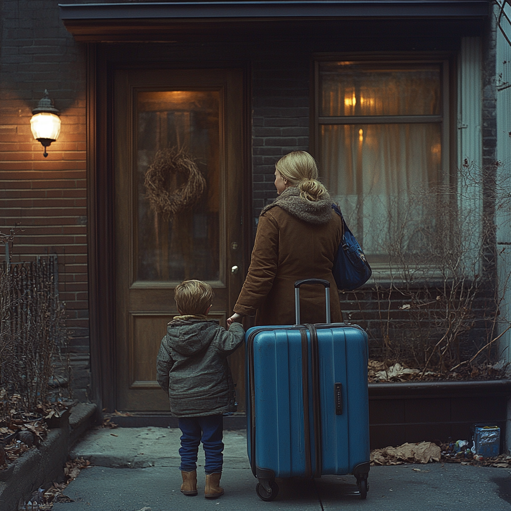 Une femme tient la main de son enfant avec son sac derrière eux | Source : Midjourney