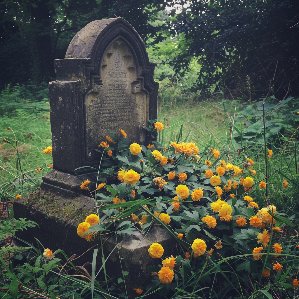 Une pierre tombale avec des fleurs jaunes | Source : Midjourney