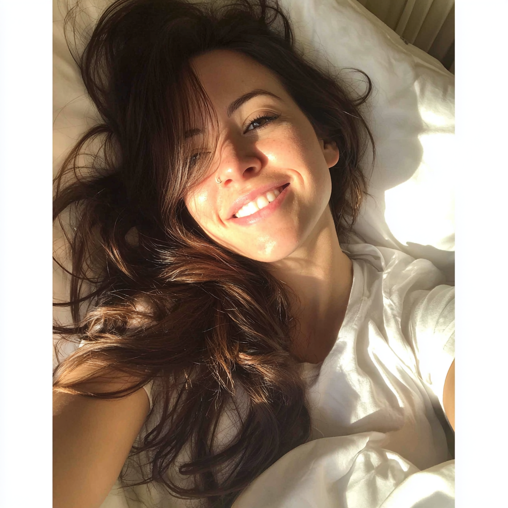 Une femme souriante allongée dans son lit | Source : Midjourney