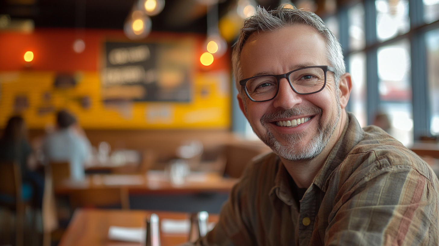 Un homme souriant dans un restaurant | Source : Midjourney