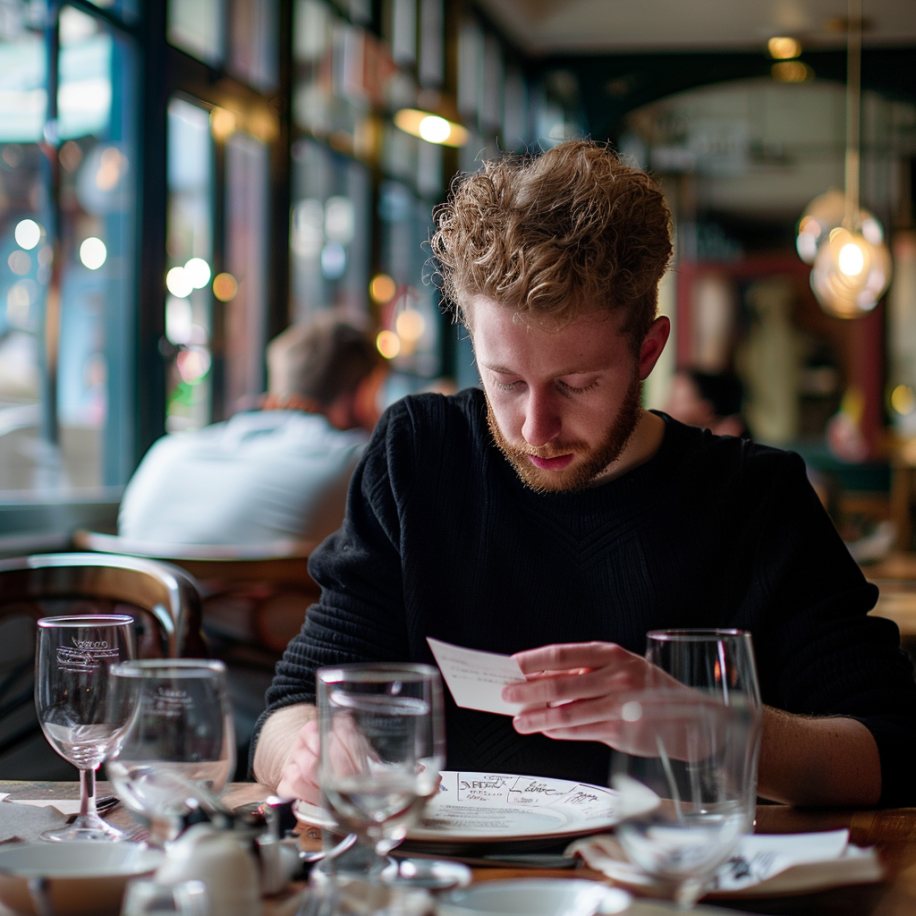 Un homme qui essaie de rester calme tout en lisant une petite note dans un restaurant | Source : Midjourney