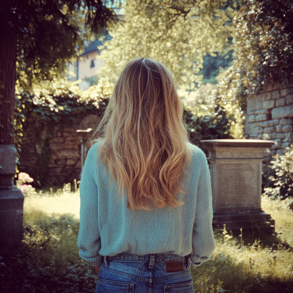 Une femme debout devant une pierre tombale | Source : Midjourney