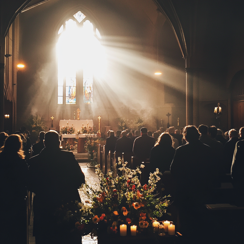 A funeral scene in a church | Source: Midjourney