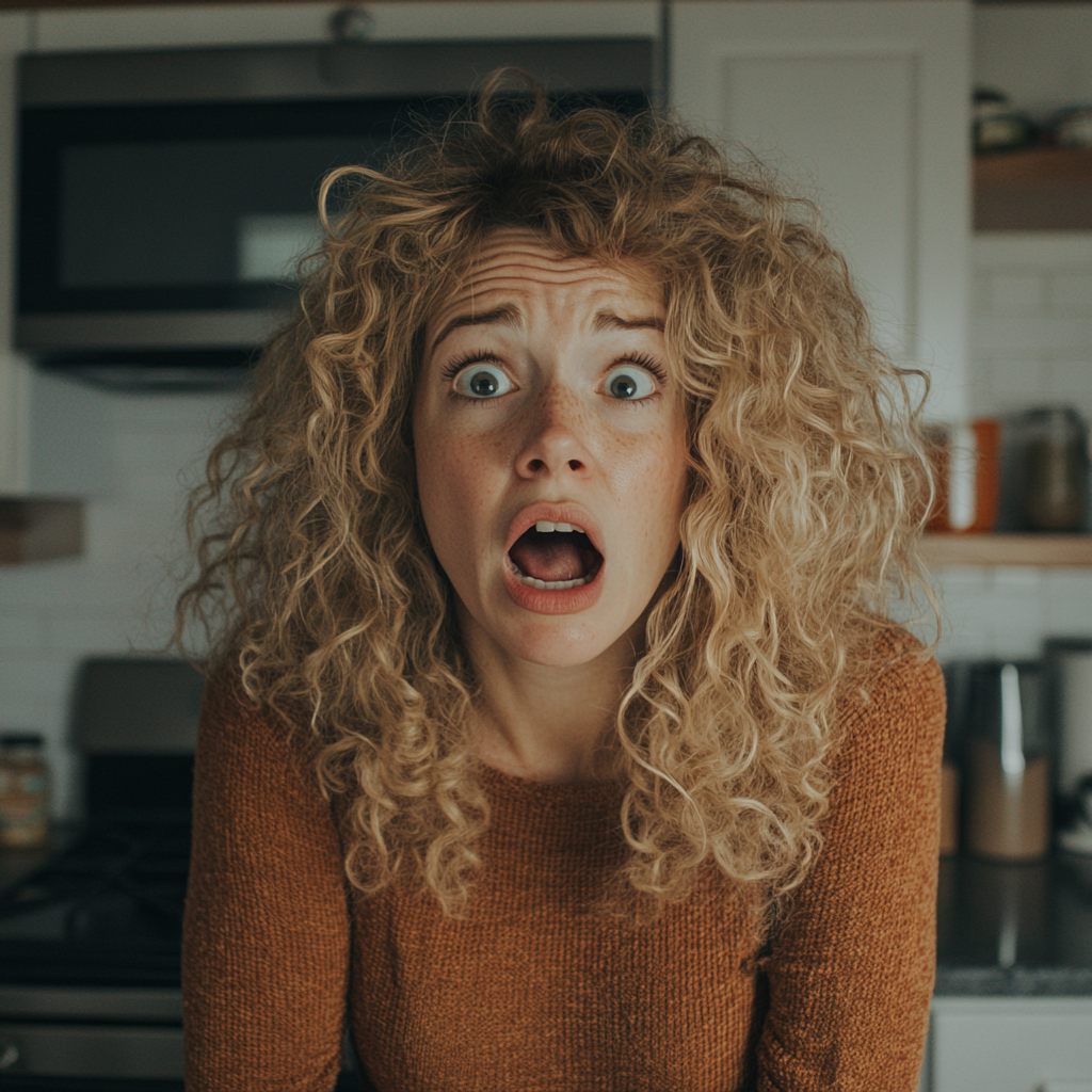 Shocked woman in her kitchen | Source: Midjourney