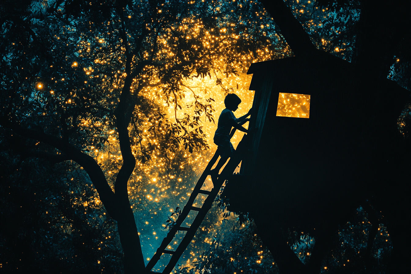 Photo de nuit d'un jeune garçon grimpant à l'échelle d'une cabane dans un arbre | Source : Midjourney