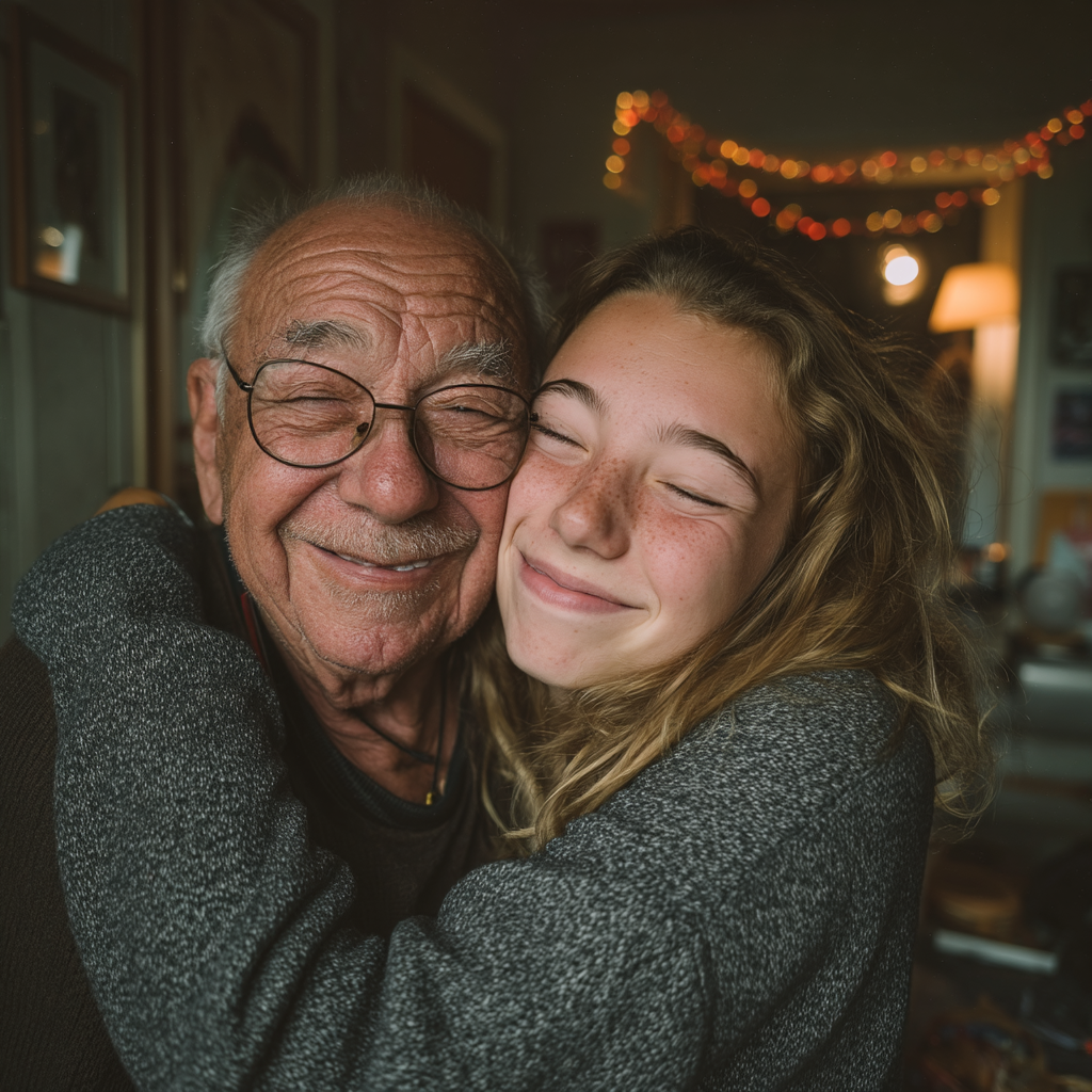 Un homme heureux serrant sa petite-fille dans ses bras | Source : Midjourney