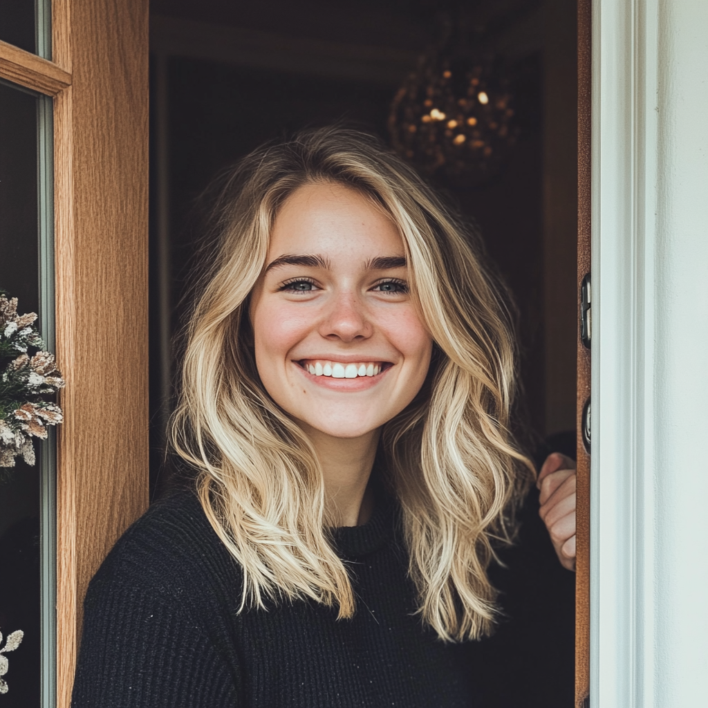 Une femme debout devant une porte d'entrée | Source : Midjourney