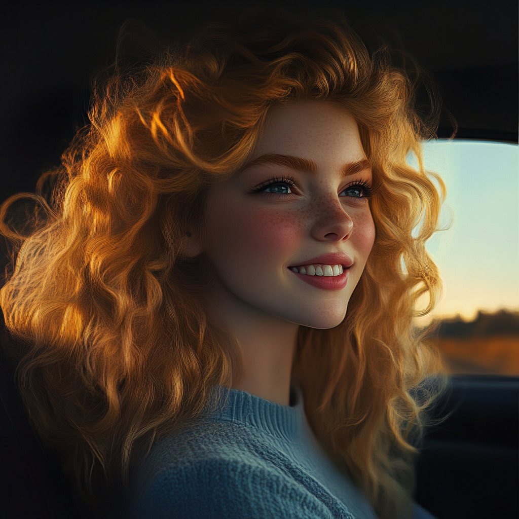 Une femme souriante dans une voiture | Source : Midjourney