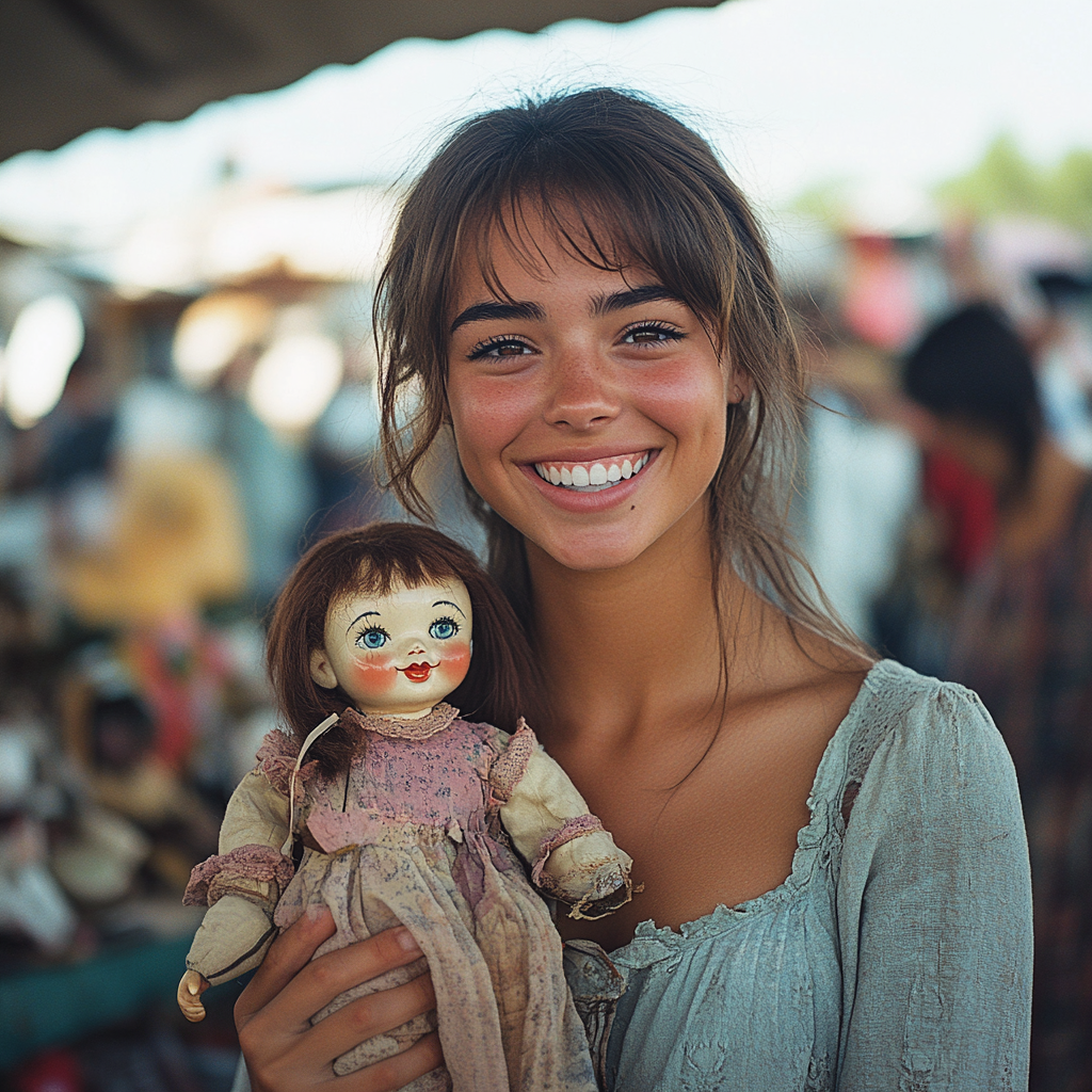 A happy woman holding a doll | Source: Midjourney