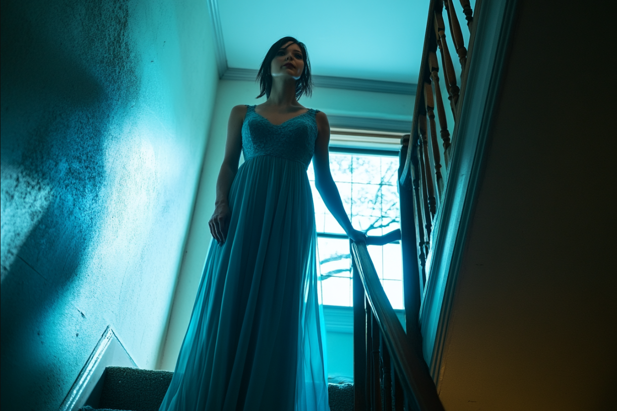 Une femme debout en haut d'un escalier | Source : Midjourney