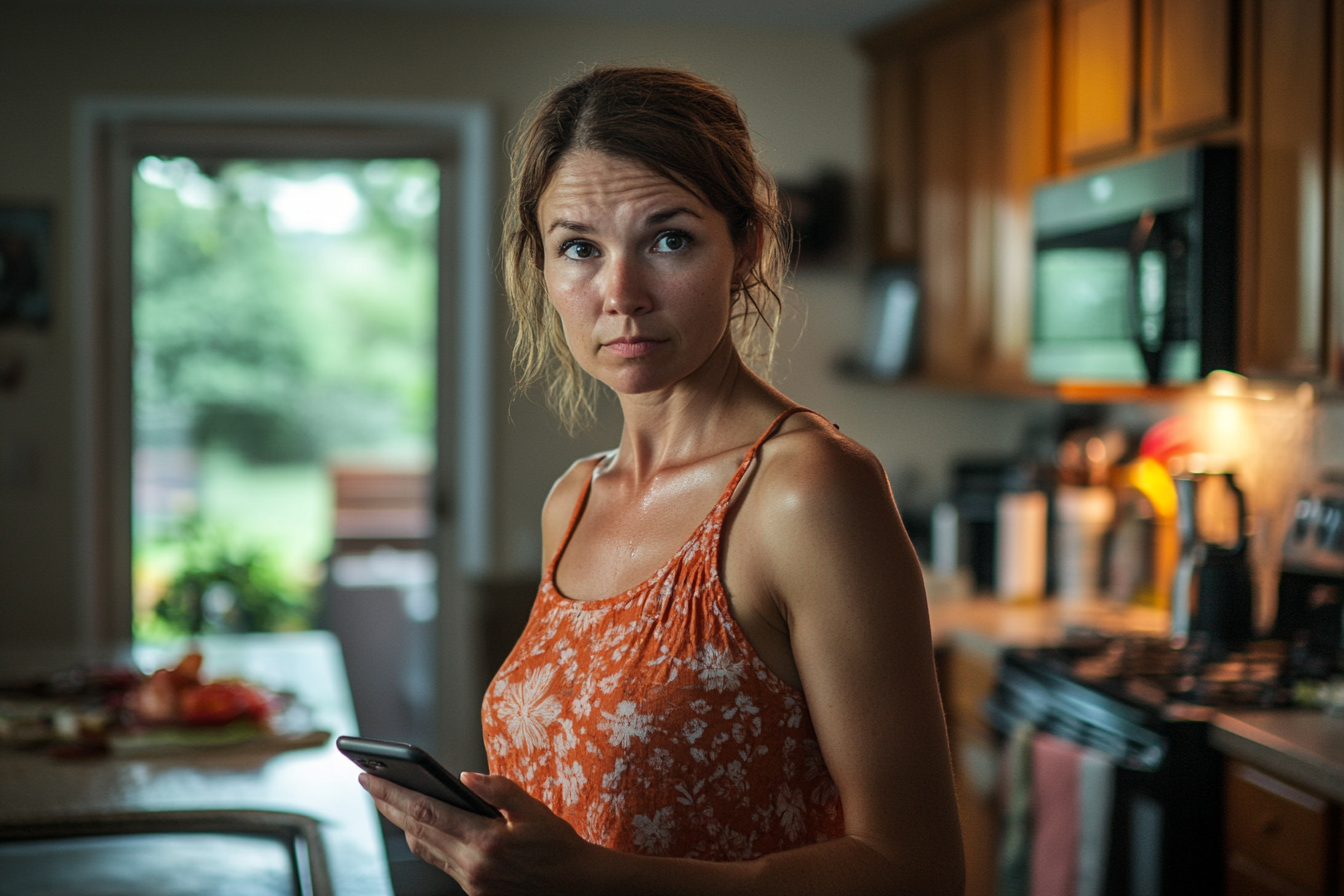 Une femme dans une cuisine tenant son téléphone portable | Source : Midjourney