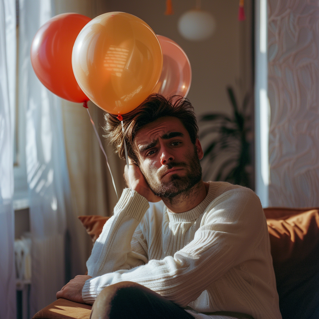 Un homme renfrogné tenant des ballons | Source : Midjourney