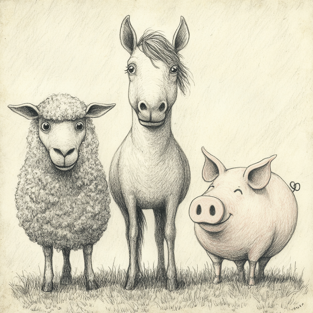 Dessin d'un mouton, d'un cheval et d'un cochon | Source : Midjourney