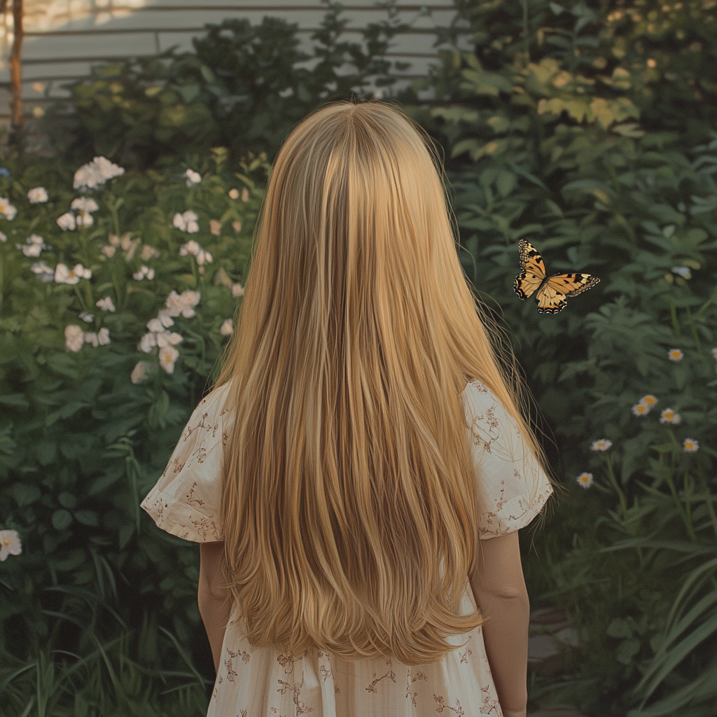 Une fille qui regarde un papillon | Source : Midjourney