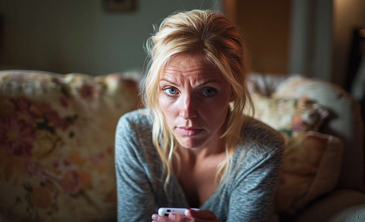 A pensive woman sitting on a sofa | Source: Midjourney