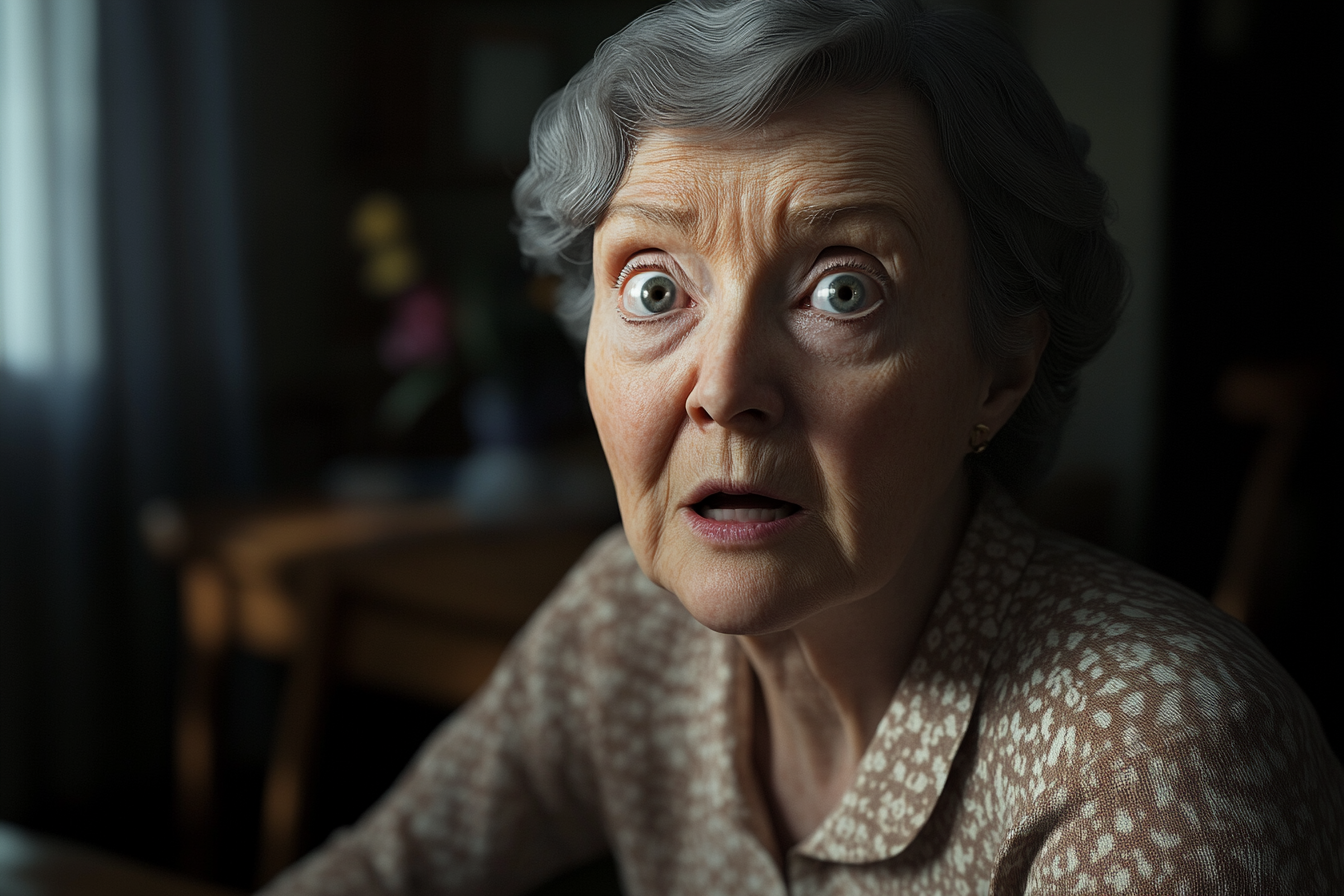 Une femme âgée qui regarde droit devant elle avec de grands yeux | Source : Midjourney