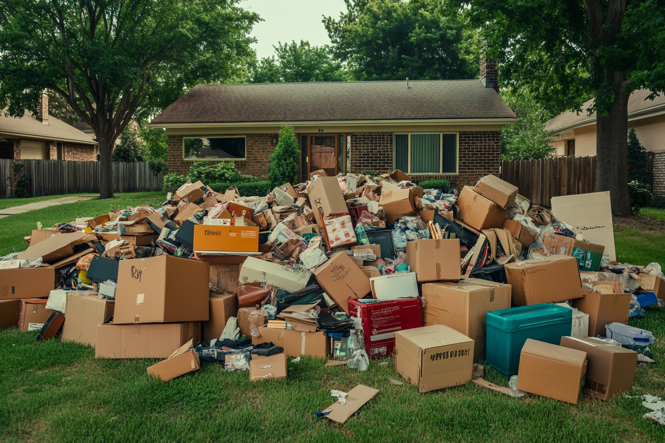 Des cartons empilés de façon désordonnée sur une pelouse de devant | Source : Midjourney