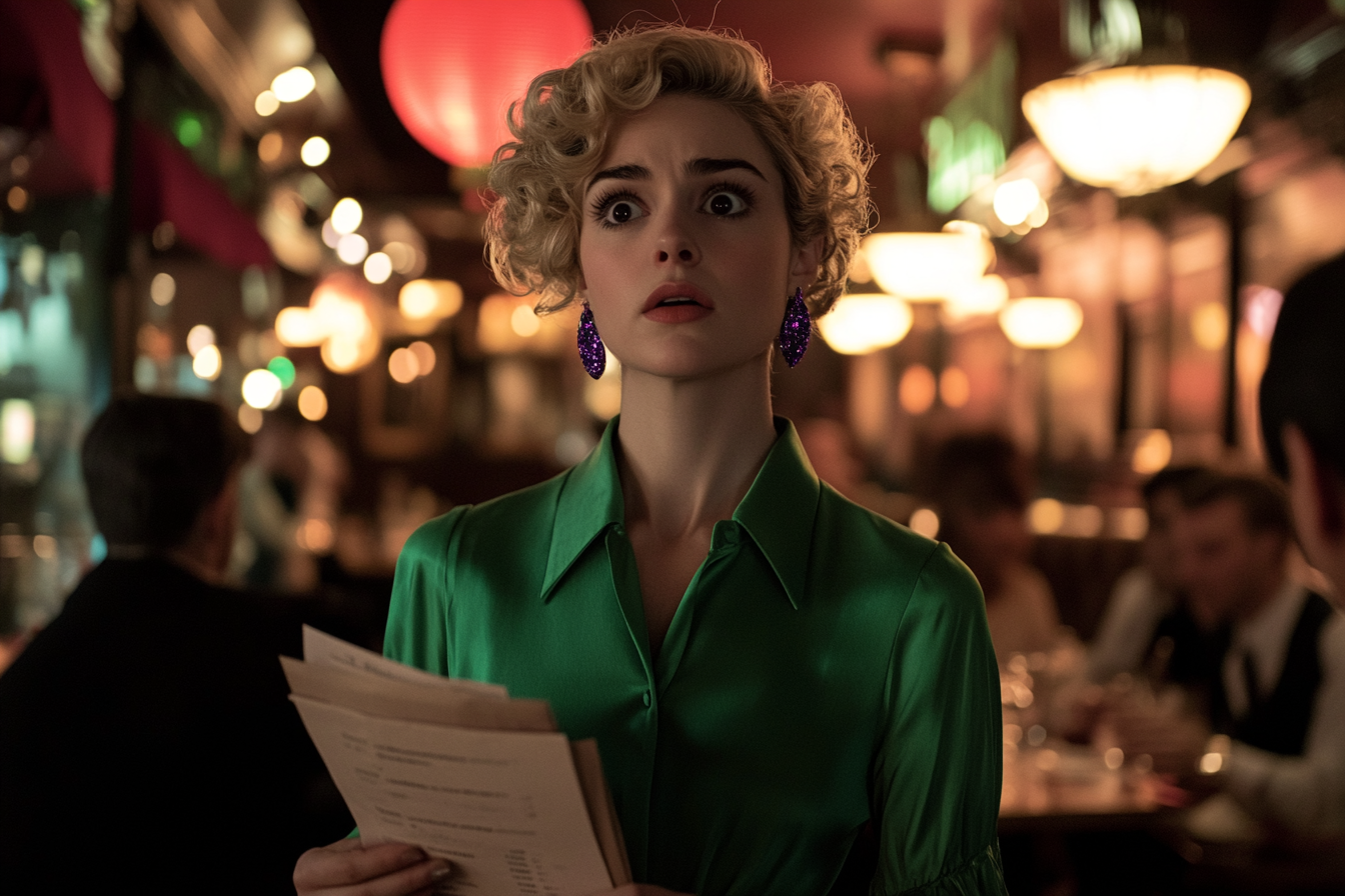 A woman standing in a restaurant, looking confused, holding papers | Source: Midjourney