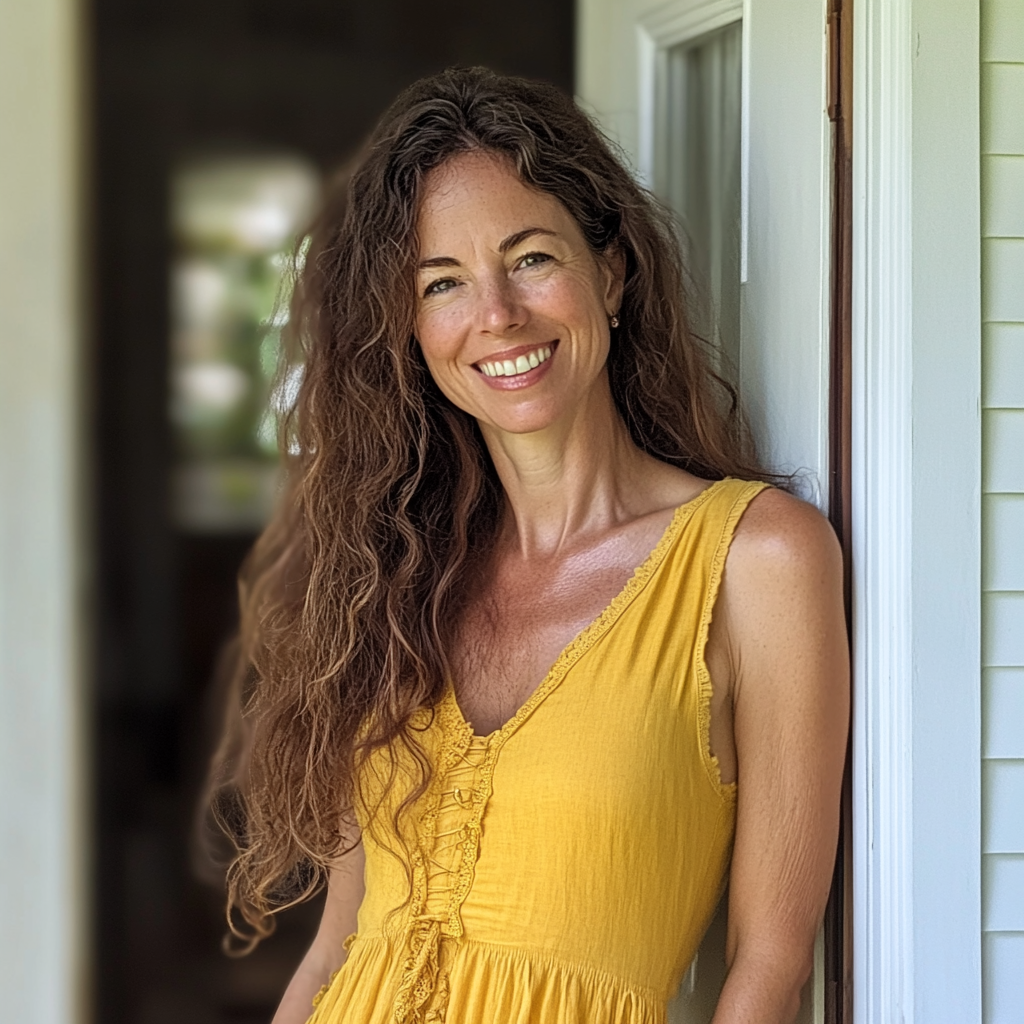Une femme souriante debout dans l'embrasure d'une porte | Source : Midjourney