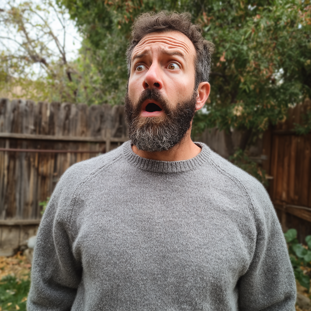 Un homme choqué se tenant dans une arrière-cour | Source : Midjourney