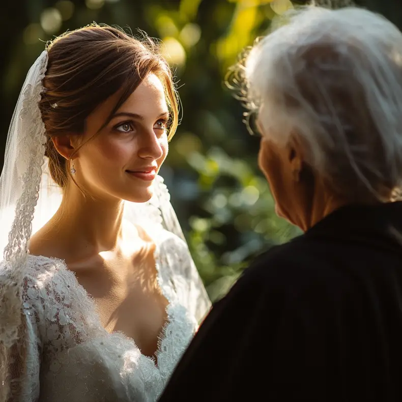 Une mariée souriant poliment à une femme plus âgée | Source : Midjourney