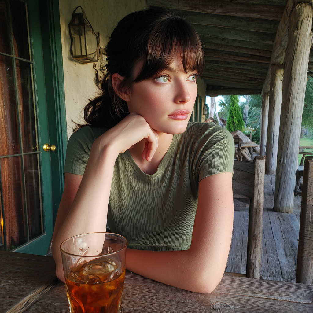 Une jeune femme assise à une table avec un verre de thé glacé | Source : Midjourney