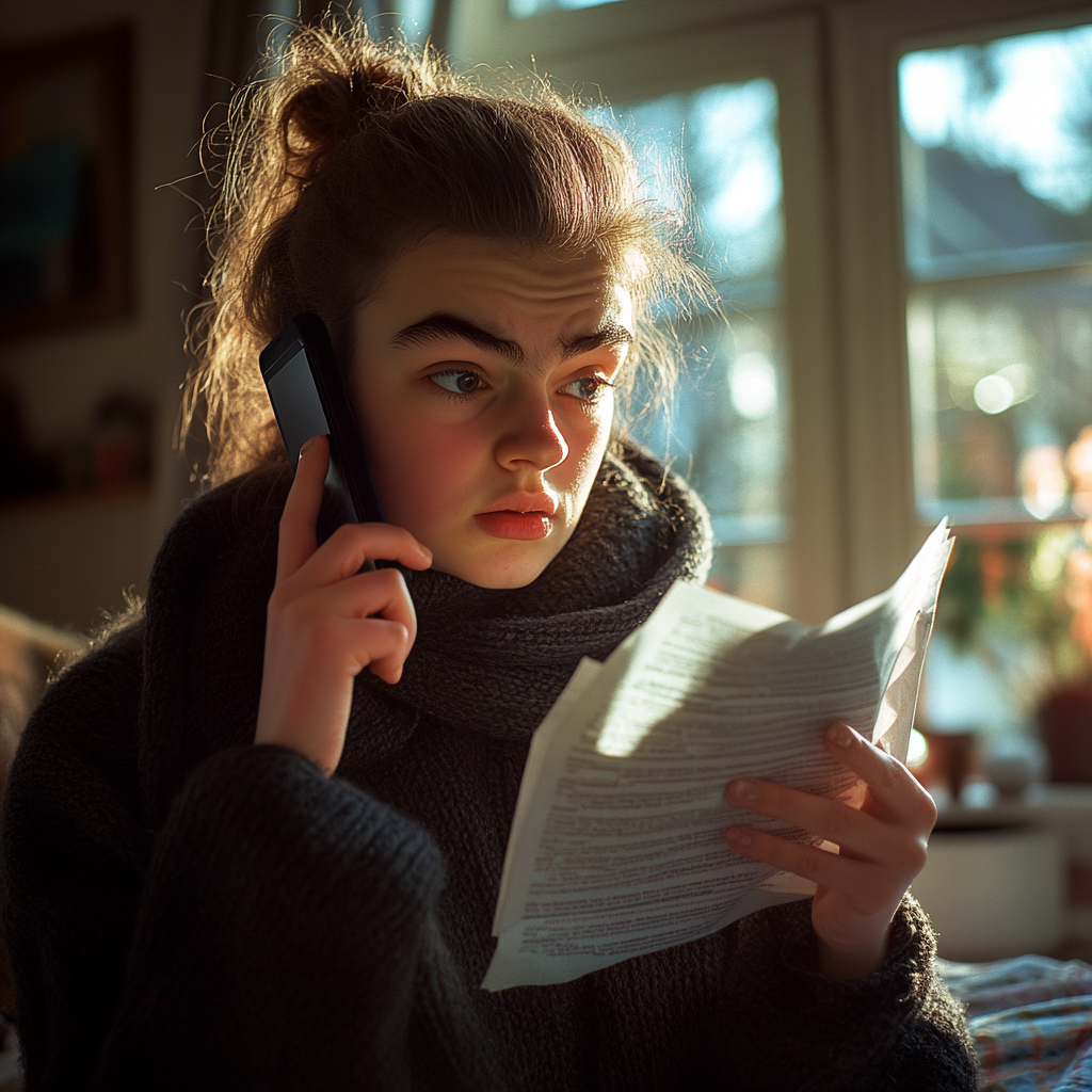 Une femme stressée lisant une lettre en attendant que l'on réponde à son appel | Source : Midjourney