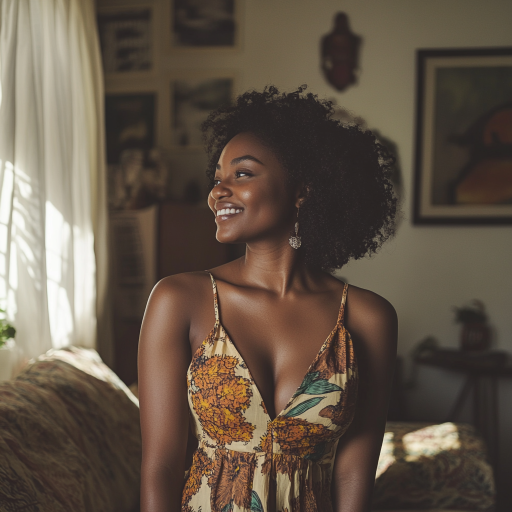 Une femme souriante en robe | Source : Midjourney