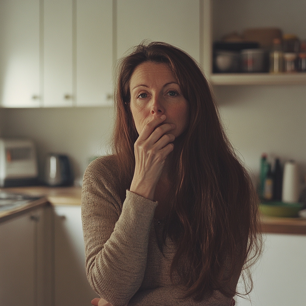 Une femme dans une cuisine avec la main sur sa bouche | Source : Midjourney