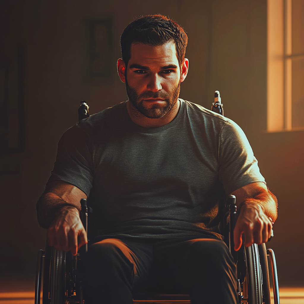 Un homme anxieux assis dans un fauteuil roulant | Source : Midjourney