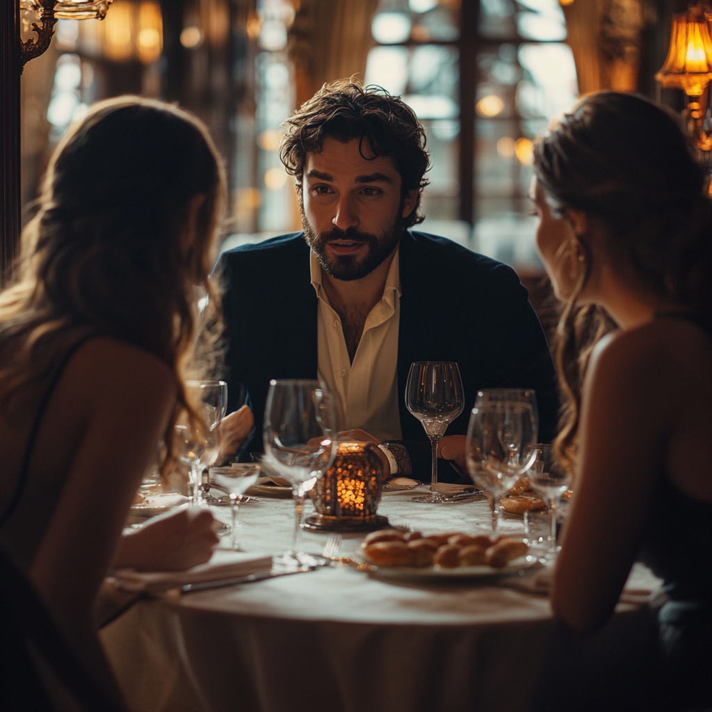 Homme tendu parlant à deux femmes à une table de dîner | Source : Midjourney