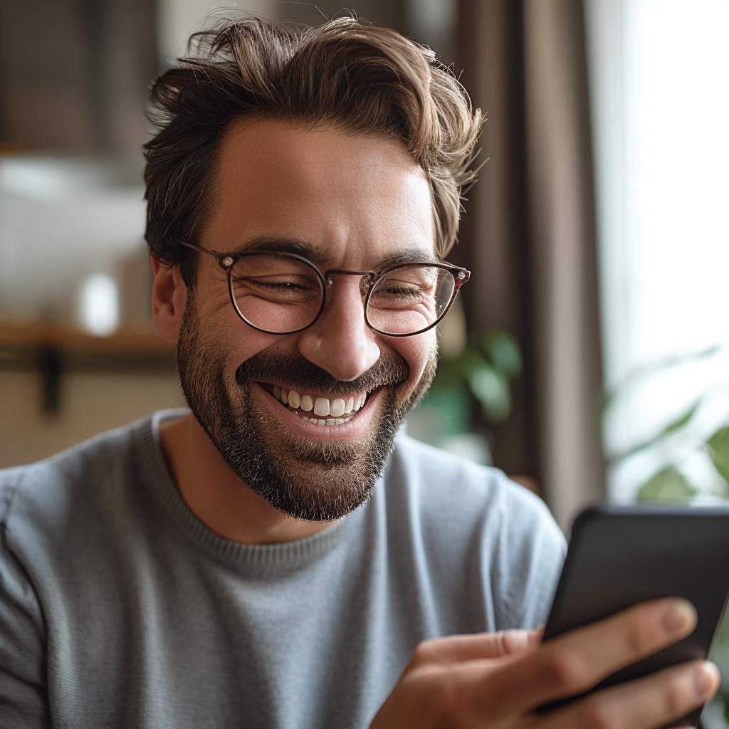 Un homme rit en regardant l'écran de son téléphone | Source : Midjourney